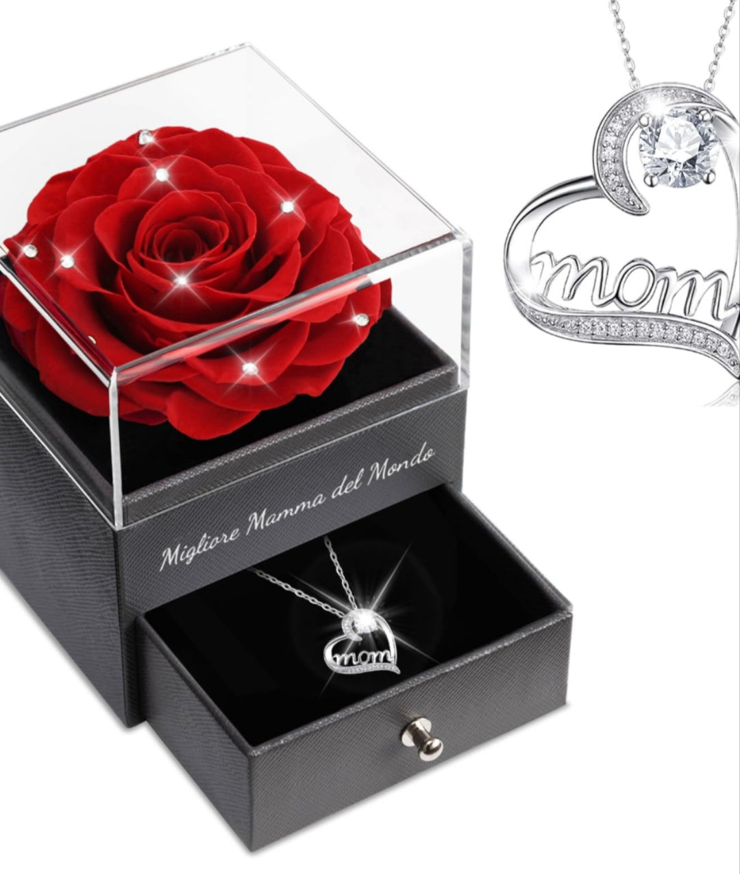 cofanetto regalo con rosa stabilizzata e collana